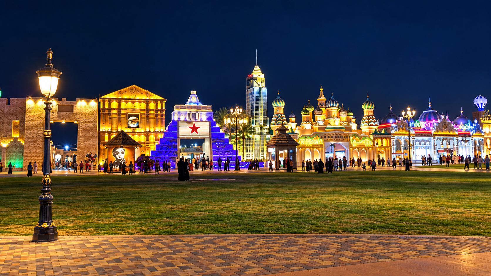 global-village-dubai-pabellones-noche