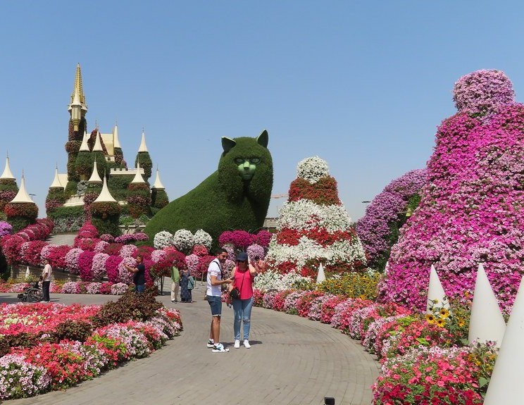 Castillo y gato gigante cubiertos de flores en Dubai Miracle Garden